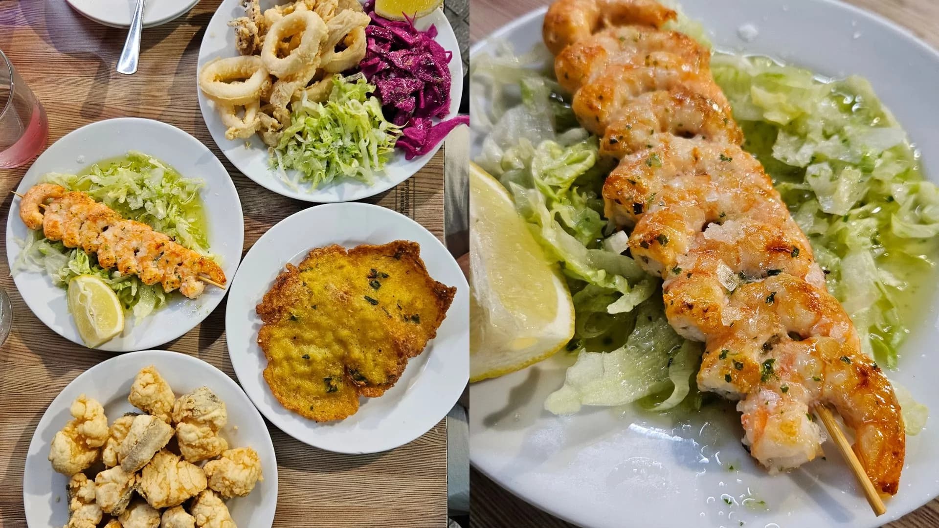 Bakalar, mala tortilja od bakalara, lignje i škampi na ražnjiću